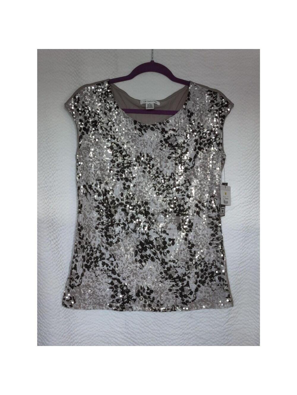 Liz Claiborne Tank Top Women Med Grey Sequins Animal Print Stretch